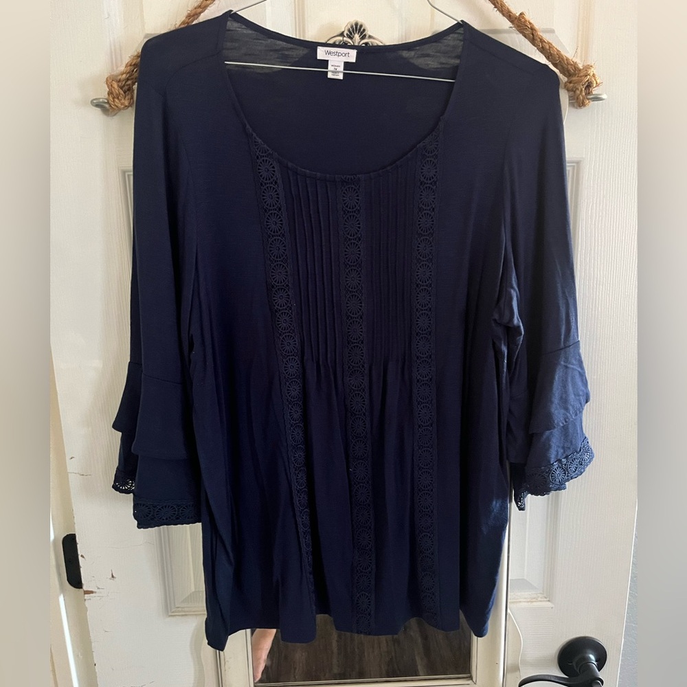 Navy Blue Blouse with Ruffle Sleeves